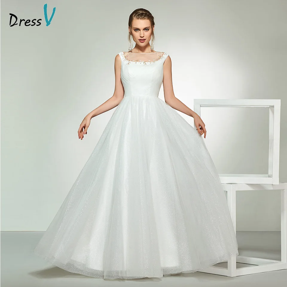 

Dressv elegant ivory sleeveless scoop neck beading wedding dress floor length simple bridal gowns a line wedding dresses