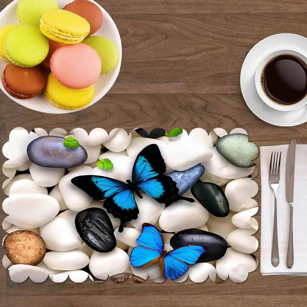 

Else White Gray Pebble Stones on Blue Butterfly 4 Pcs 3d Print Washable Micro Fabric Table Placemat Pad for Dining Room Kitchen