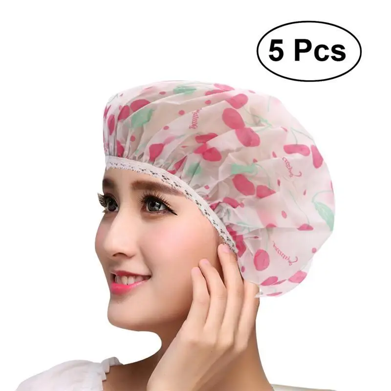 

5pcs Women Bath Cap Waterproof Shower Hat With Bear Bowknot Balloon Cherry Design For Adult