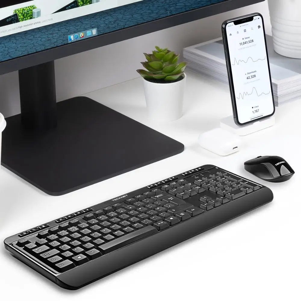 TeckNet 2.4Ghz Ergonomic Wireless Keyboard with Mouse Combo Set for Desktop Computer with Multimedia Key UK Keyboard Layout
