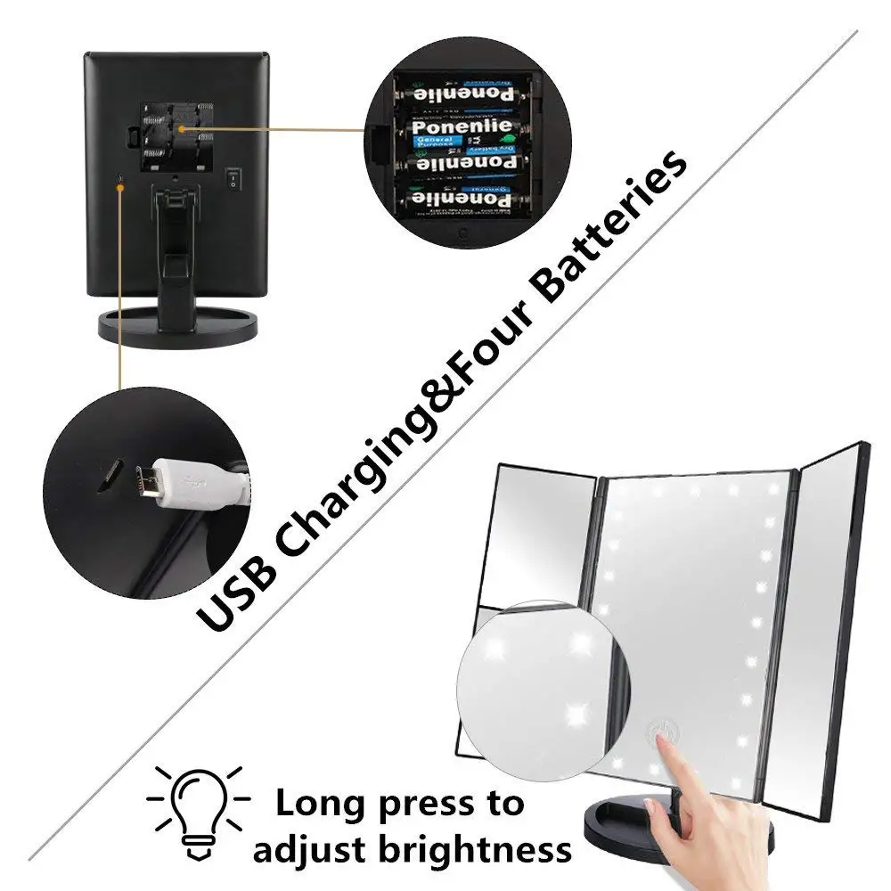 Зеркало для макияжа Vanity с 22 светодиодными лампами трехкратное зеркало