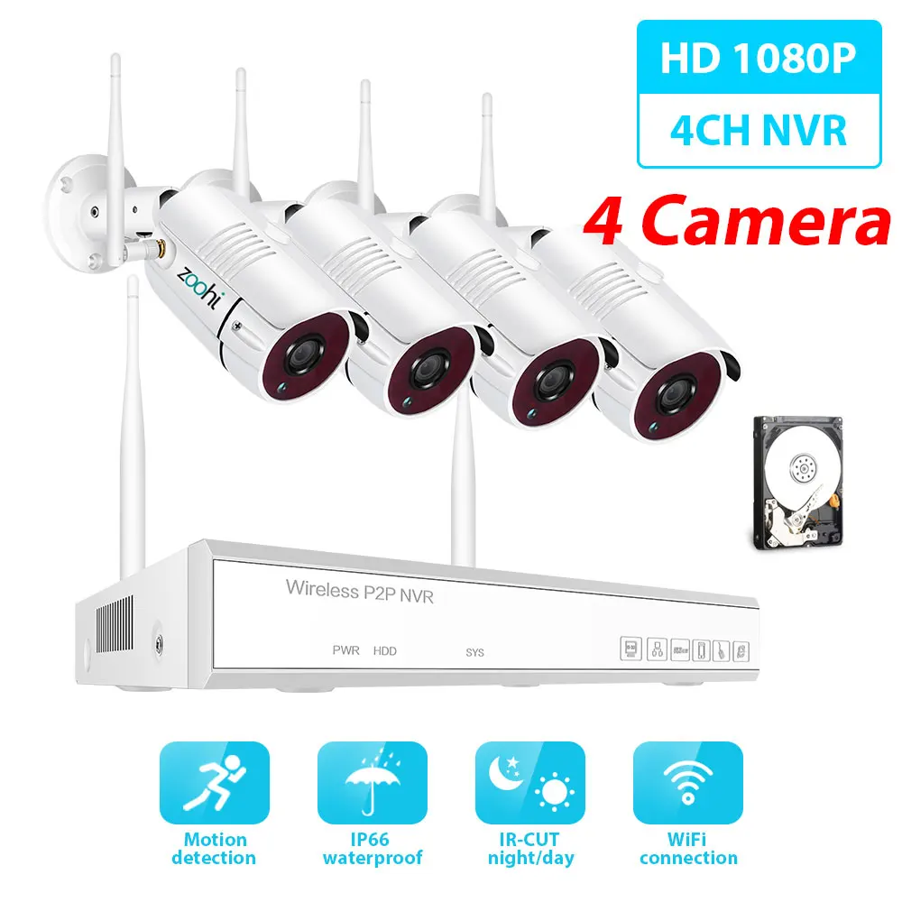 Комплект беспроводной системы видеонаблюдения Zoohi 1080 P 2MP HD wifi камера домашняя камера безопасности система ночного видения комплект видеонаблюдения - Цвет: 1080P 4 Camera 4CH
