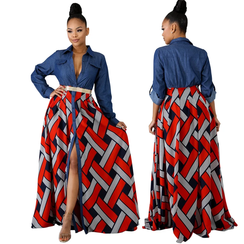 

Women Evening Gown Split Bohemian Vertical Robe Stripes Printed Long Dress Upper Denim Button Sexy Fashion Vintage Party Dress