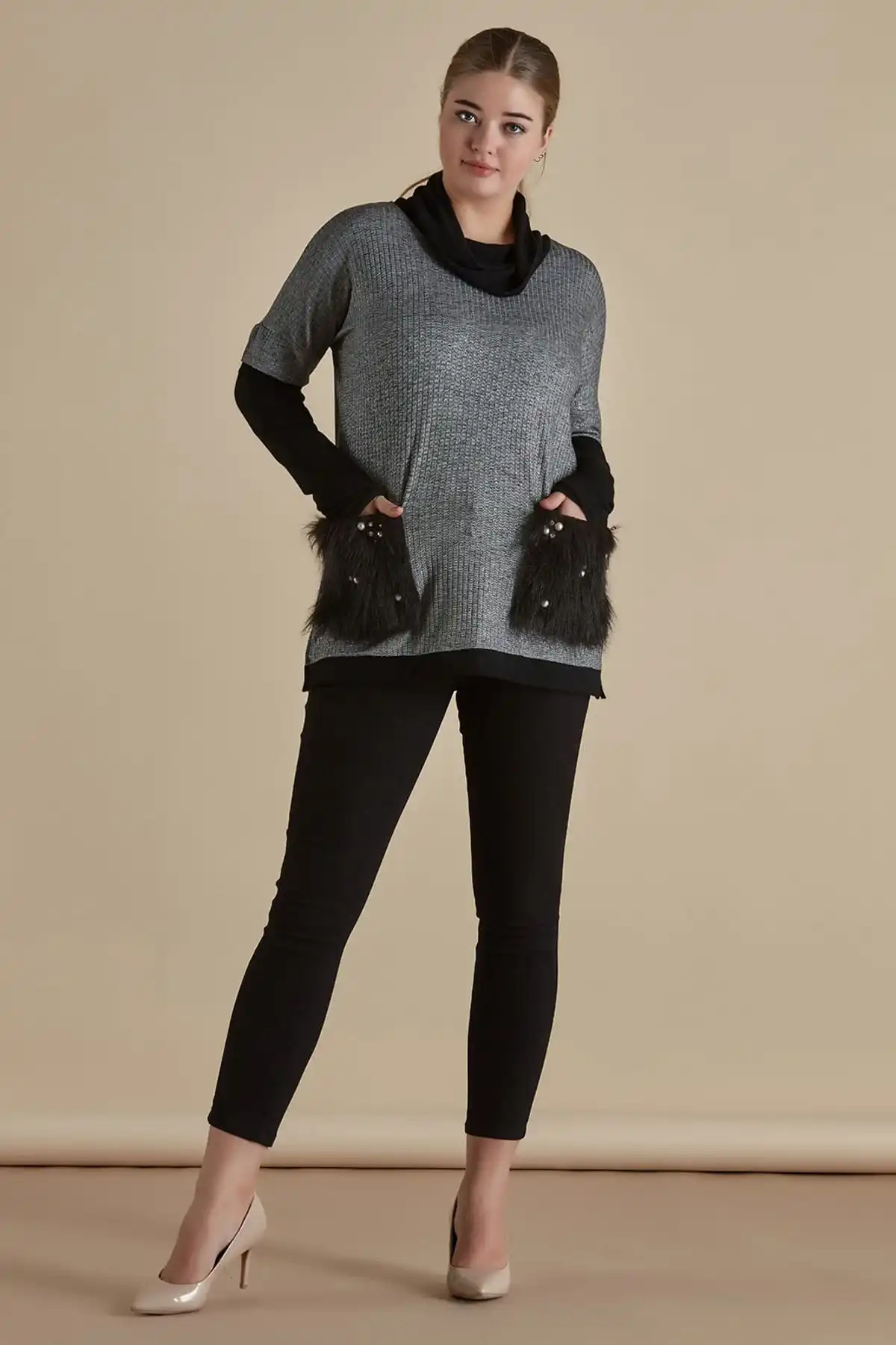 RMG Женщины Серый Карман деталь Throated Tunic 6528| |