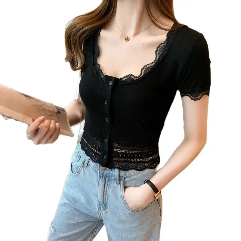 

female lace T-shirt short sleeve round collar cotton high-waisted single-breasted