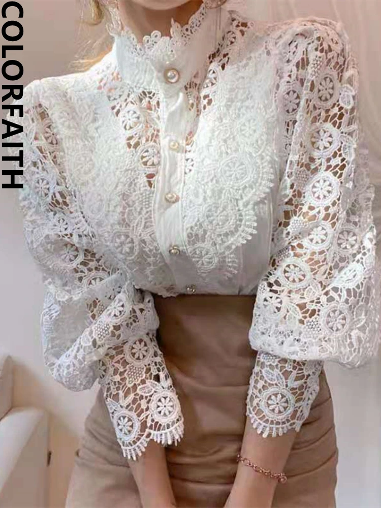 Colorfaith New 2022 Cutout Fashion Sweet Lace Shirts Women Spring Summer Retro Elegant French Style Blouses Lady Tops BL1195