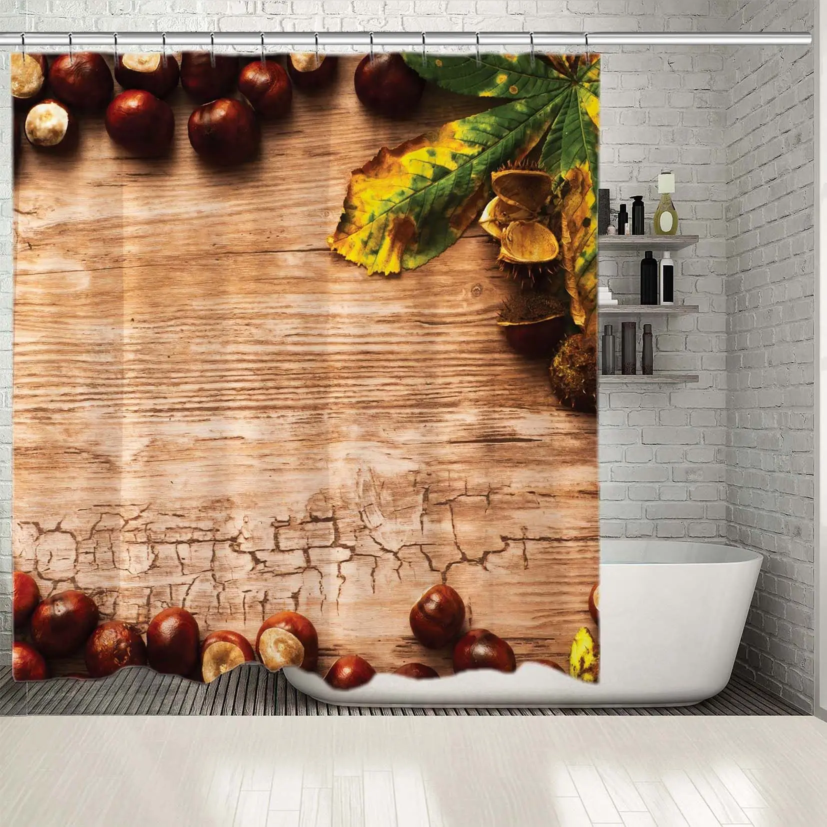 Занавеска для душа 6 каштаны и рамка листьев на деревянном столе осенняя Тема в