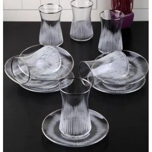 

WONDERFUL AMAZİNG Set of 6 Silver Platinum Gilded Cut Pattern Glass Tea Glass Set.