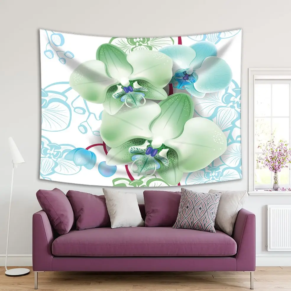 

Tapestry Orchid Flowers Blooms on Floral Background Soft Colors Decorative Artwork Printed Blue Green