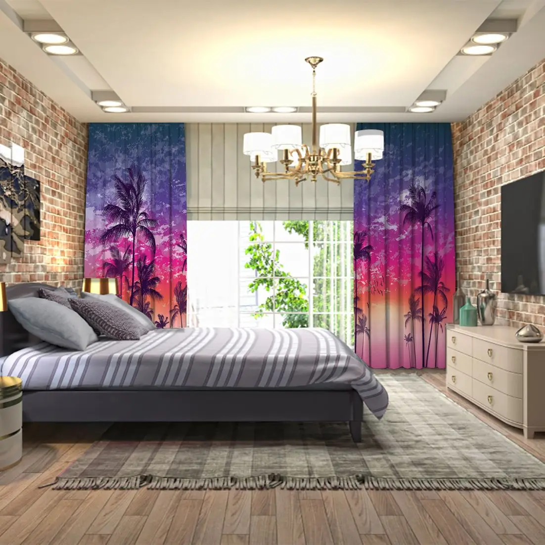 Занавеска экзотические тропические пальмы летающие чайки лошадь закат облачно с