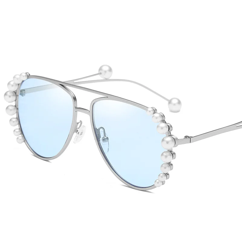 C05SilverBlue Роскошные женские солнцезащитные очки с жемчугом, очки пилота, солнцезащитные очки для вождения, солнцезащитные очки, стильная металлическая оправа, UV400 Oculos De Sol PL1087 - Цвет линз: C05SilverBlue