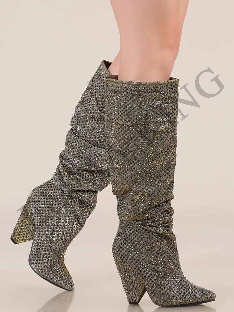 

Women Spike Knee High Boots Luxury BlingBling Crystal Cloth Shiny Shoes Runway Pointed Toe Sparkly Women's shoes 2021 Spring
