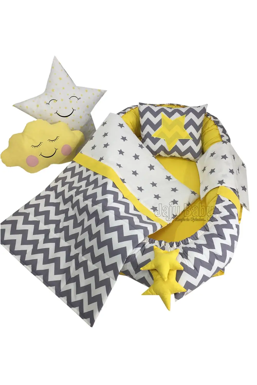 Jaju Baby Handmade Gray Zigzag Yellow Design 6 Pieces Luxy Orthopedic Babynest Set Mother Side Portable Baby Bed