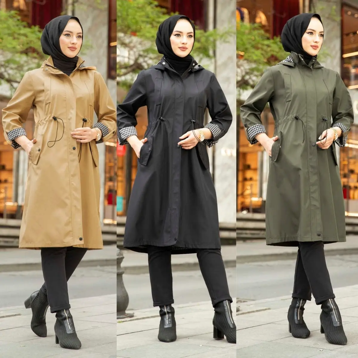 

Crowbar Detailed Hijab Trench Coat Hooded Pocket Long Sleeve Winter Seasonal Useful Casual Women Muslim Fashion Cape Turkey