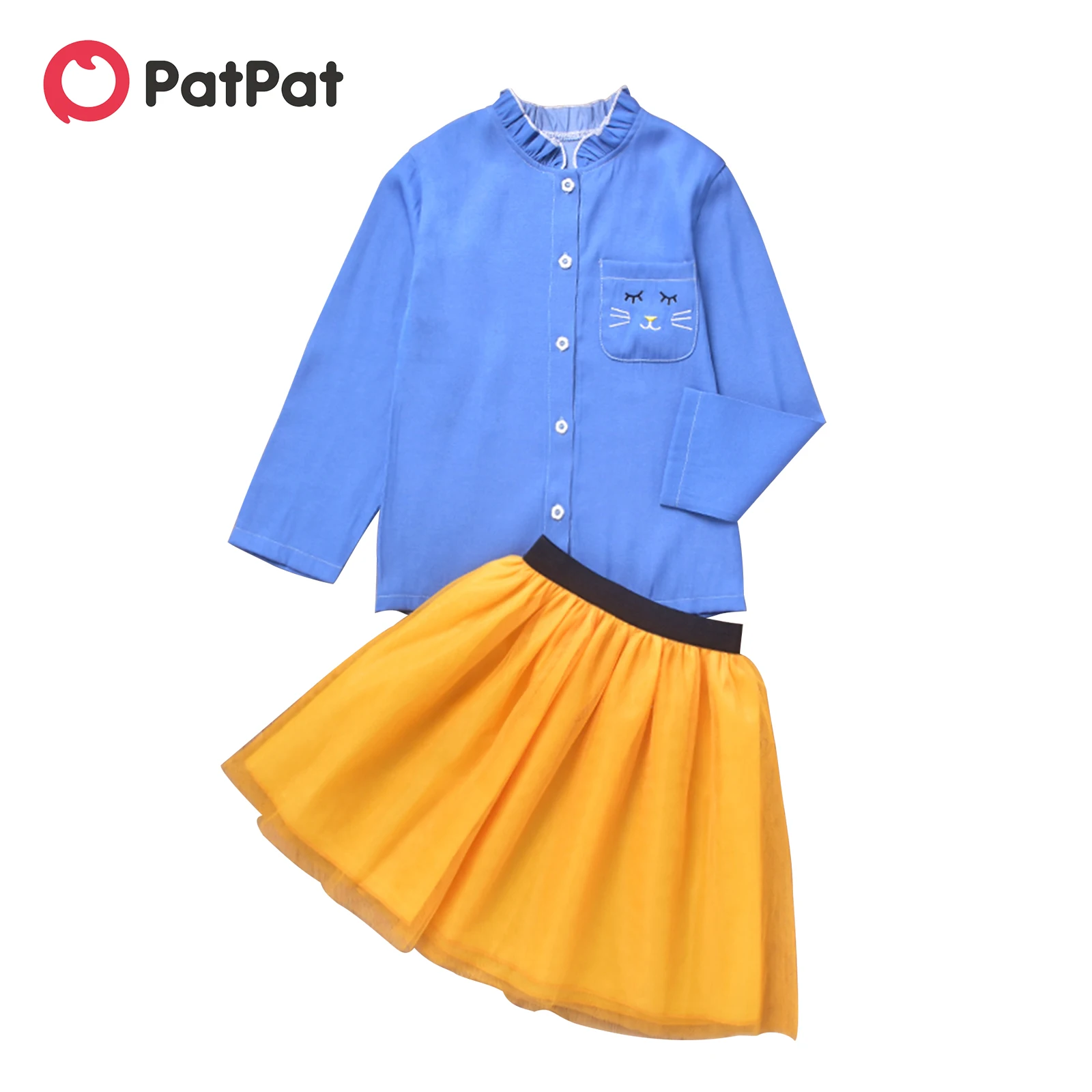 

PatPat 2-piece Kid Girl Ruffle Collar Cat Embroidered Button Design Long-sleeve Shirt and Mesh Skirt Set