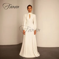 high neck simple chiffon wedding dresses backless long sleeve button sweep train bridal gown vestido feminino robe de mari%c3%a9e