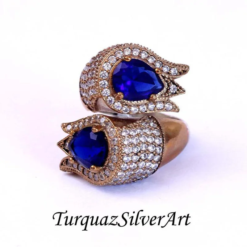 

Handmade Woman Dark Blue Tulip Zircon Gemstone Ring, Ottoman-Antique-Ancient Type Woman 925 Silver Ring