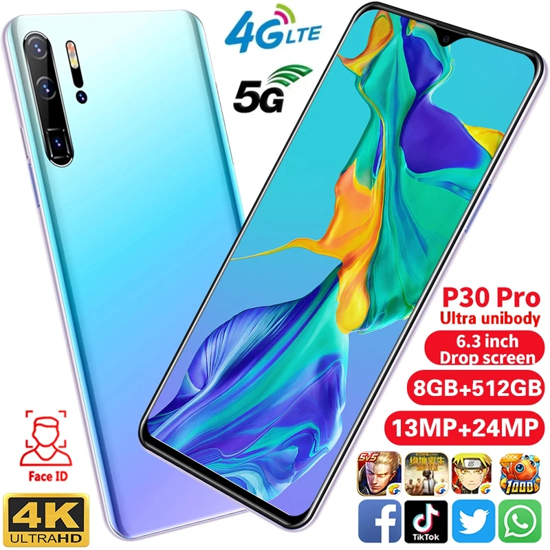 P30pro 6 3 дюймов Универсальный 5G пусть Android10 смартфонов 8 ГБ + 512 10 ядерный уход за