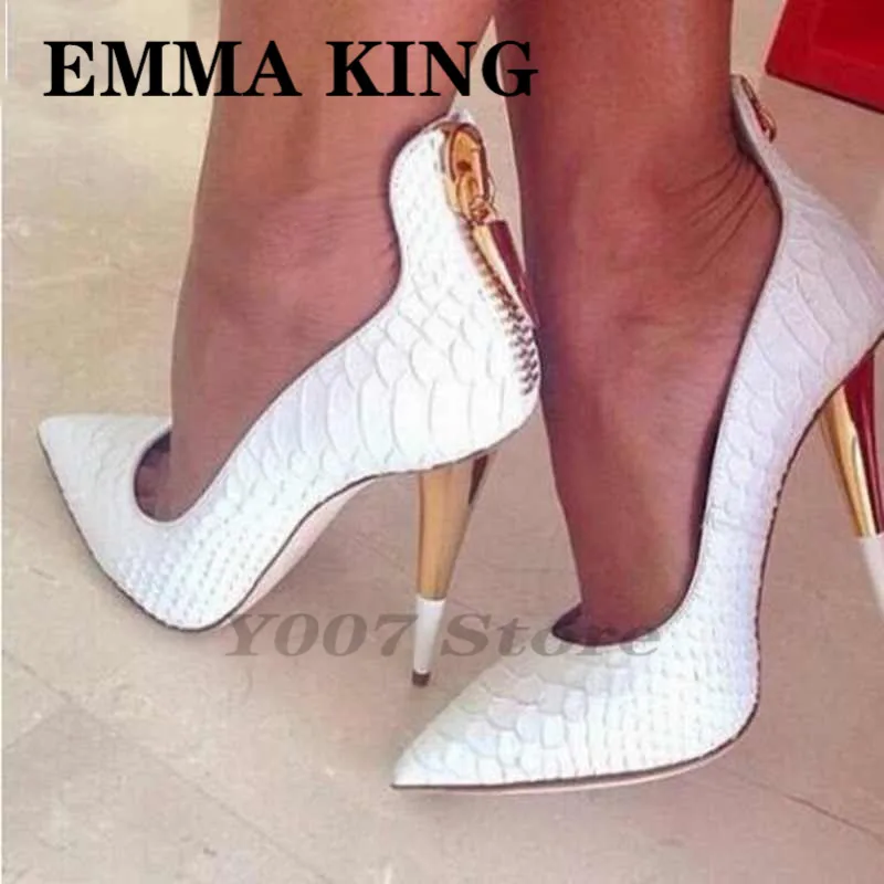 

EMMA KING White Crocodile Leather High Heels Women Pumps Pointed Toe Back Zipper Woman Shoes Gold Cone Heel Party Dress Shoes