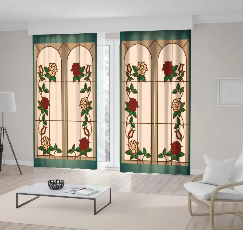 

Curtain Stained Glass Windows with Roses Flowers Branches Leaves Classic Garden Red Green Teal Beige Art Printed