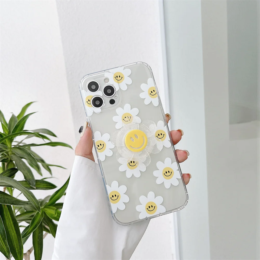 

Smiley Face Sunflower Holder Phone Case For iPhone 13 11 12 Pro Max XR XS Max X 7 8 Plus Soft TPU Clear Shockproof Cover