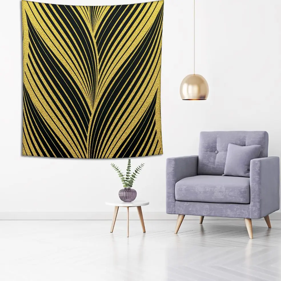 Гобелен Золотой лист узор на черном фоне Абстрактные Волны пышные линии стильные