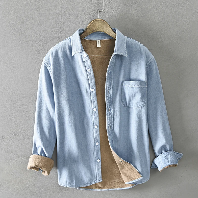 New 2021 men casual Denim shirt 100%cotton solid Thicken keep warm long sleeve tops man shirt chemise homme plus size 4XL