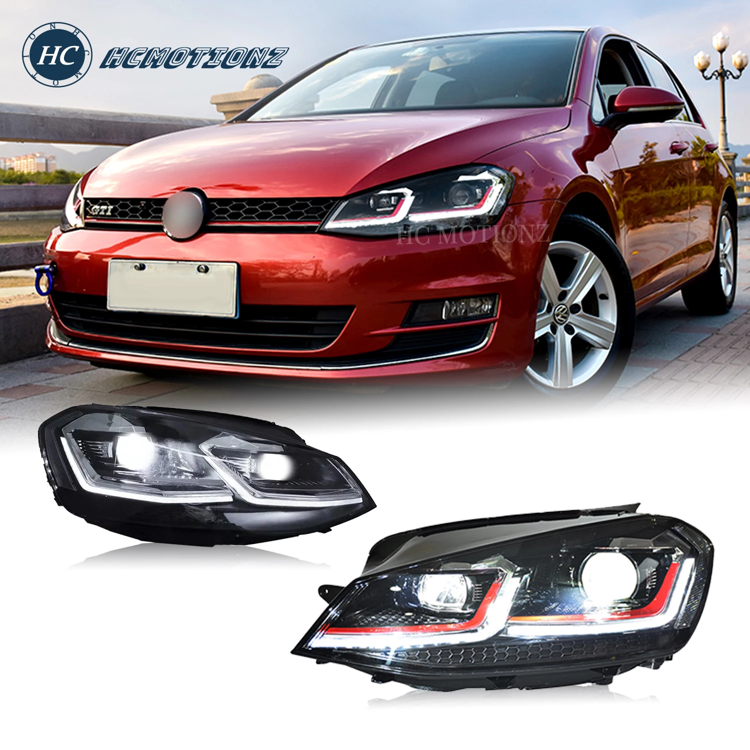 HCmotion Auto Headlights for  2013-2018 VW MK7 Golf Projector Headlights with White Line Red Line DRL Auto Head Lamp Assembly