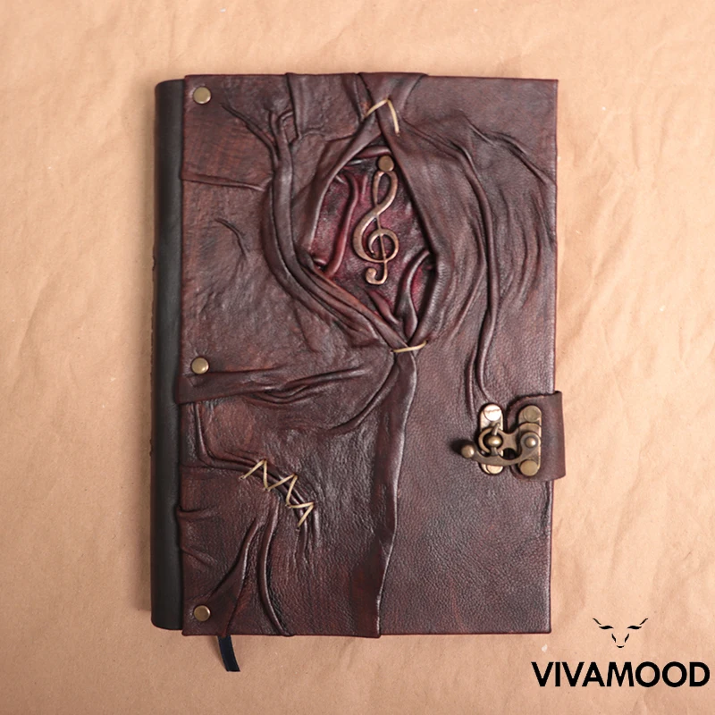 Vintage Leather Journal & Notebook - Treble Clef Embossed Notepad - Leather Diary With Lock - Poetry Leather Book