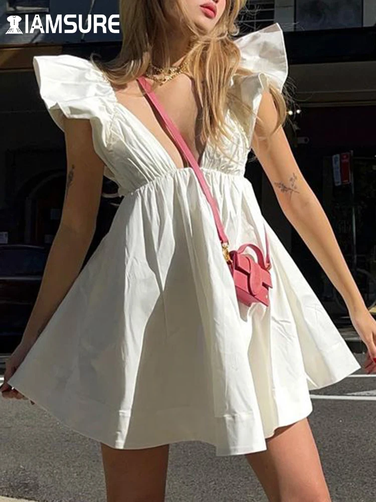 

IAMSURE Casual Deep V-Neck A-Line Dress Sexy Slim Solid Hollow Out Bow Backless Mini Dresses For Women 2022 Summer Fashion Sweet