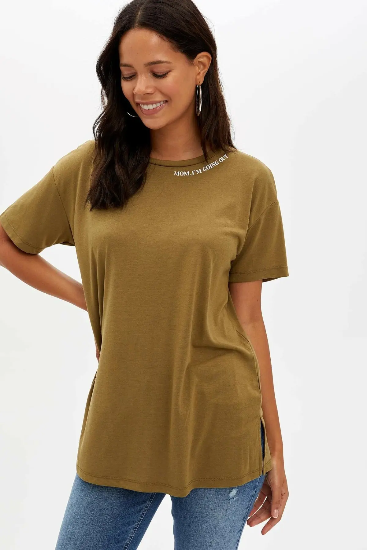 DeFacto женские летние белые футболки свободные болотного цвета с коротким рукавом