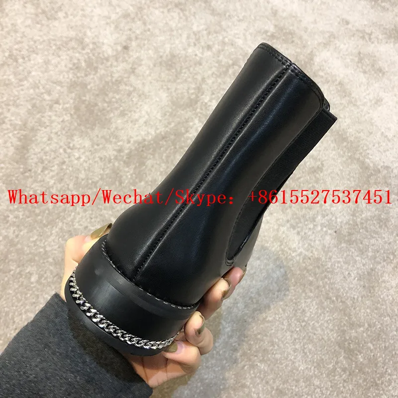 Черные кожаные ботинки челси женские дизайнерские с цепочками зимняя обувь 2019