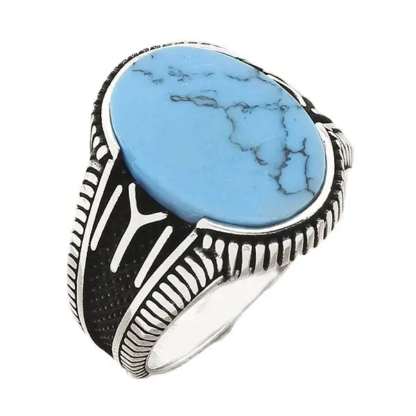 

Sterling Silver Mens Dirilis Ertugrul Ring with Oval Blue Turquoise Gemstone Vintage Turkish Ring Unique Handmade Ring