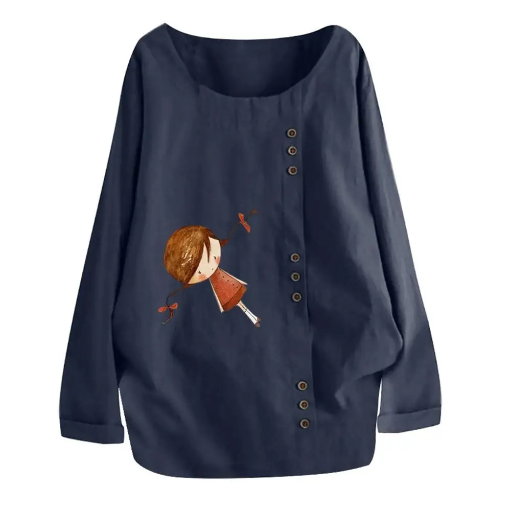 

Women's Casual Cute Loose Long Sleeve Pullover Fashion Lovely Tees Cotton And Linen T-shirt Cartoon Print O-Neck Tops