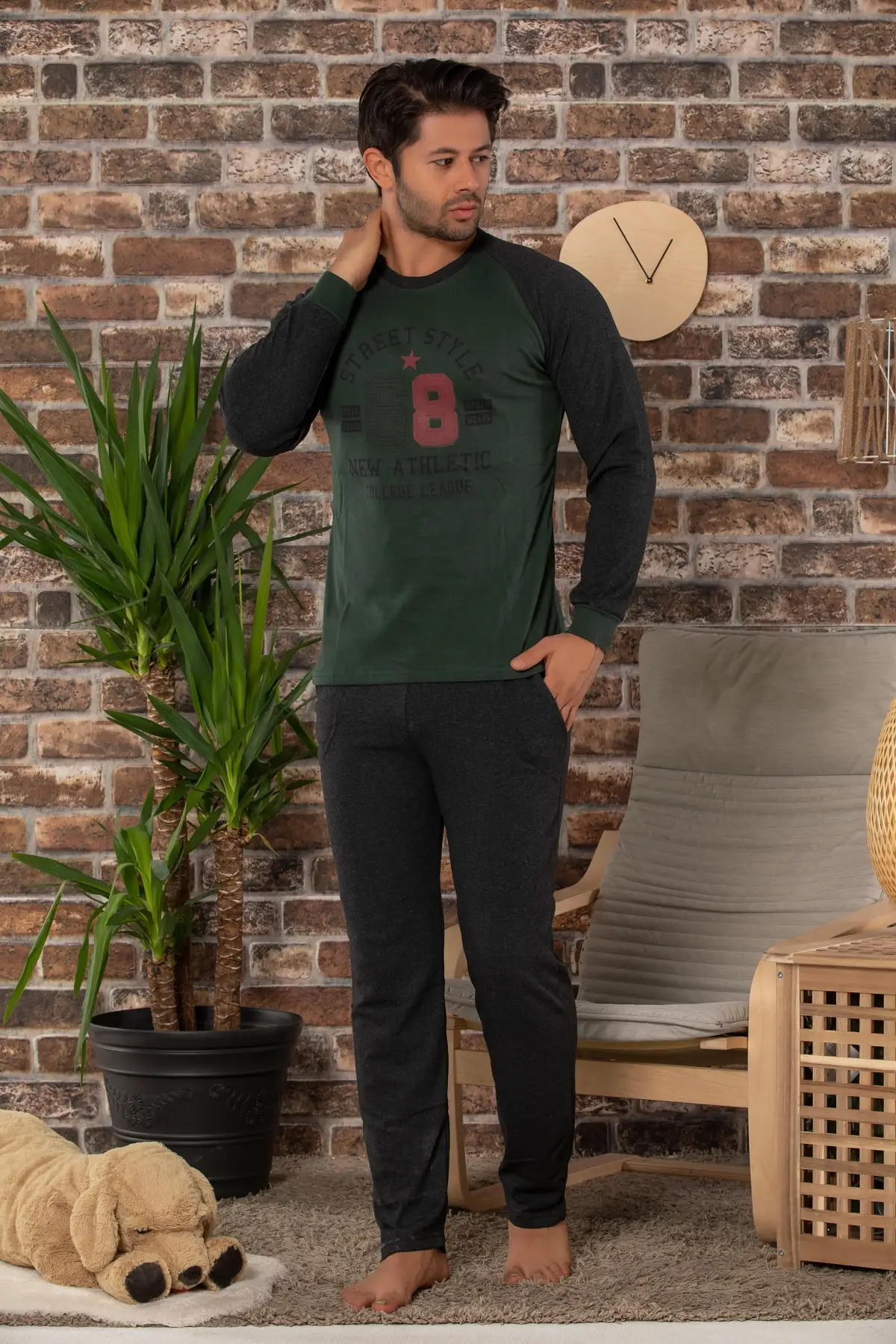 Клубничный Мужской зеленый хлопковый Пижамный костюм с длинными