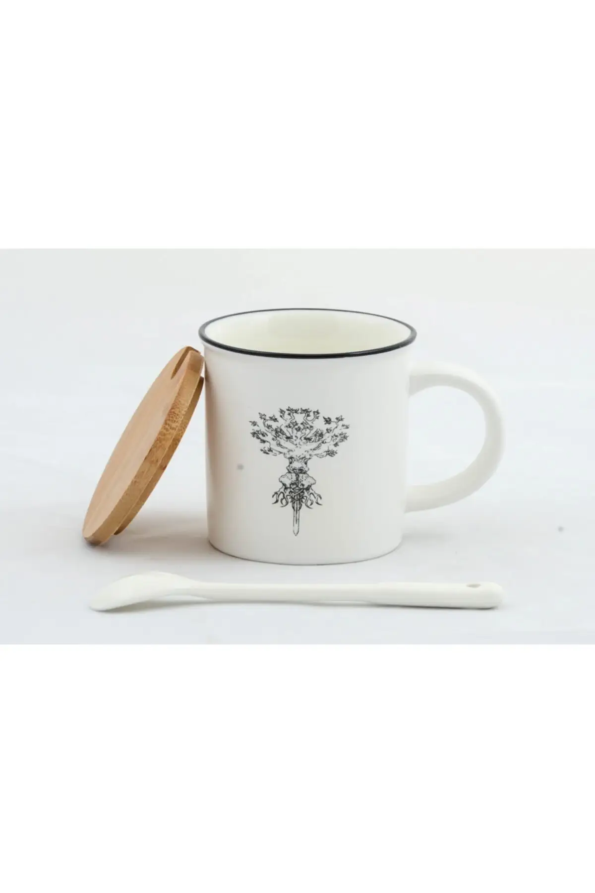Keskin Gift Ceramic Mug with Ceramic Spoon and Bamboo Lid