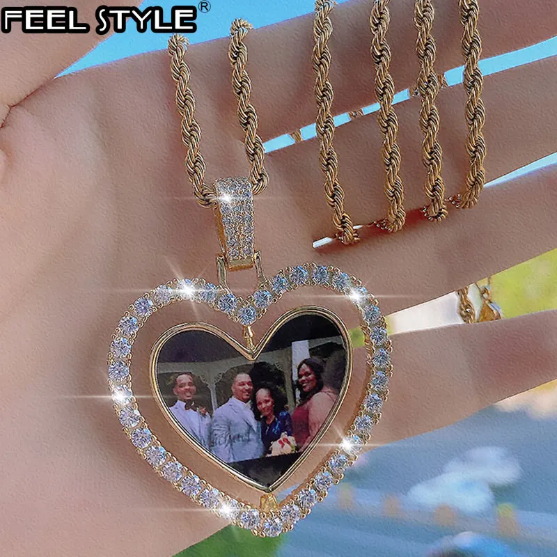 

Custom Made Photo Heart Rotating Double-sided Iced Out Bling Cubic Zircon Necklace&Pendant For Men Jewelry Tennis Chain