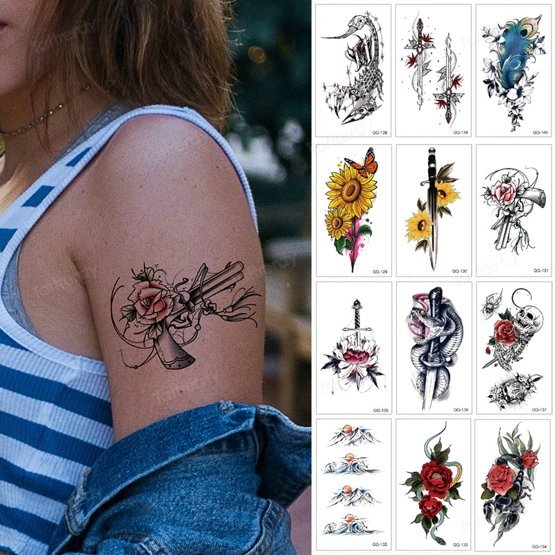 

12Pcs/Lot Rose Gun Flower Temporary Tattoos For Women Kids Fake Face Tattoo Realistic Feather Infinity DIY Small Tatoos Water