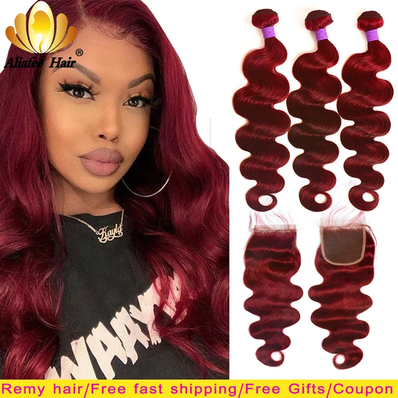 Ed Bundles With Closure Remy Burgundy Bundles With Closure 100% Human Hair Extension