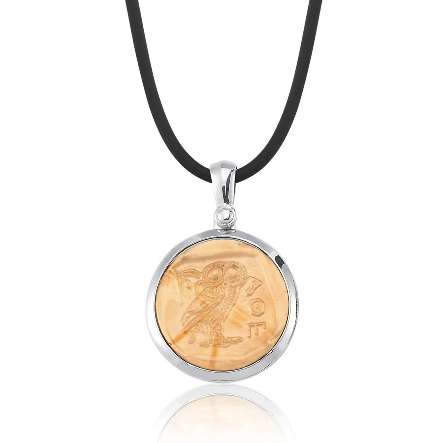 

Athena Coin Ring with Owl Symbol and Rubber Rope, Solid Gold and Rhodium Plated, 925 Sterling Silver, Pendant