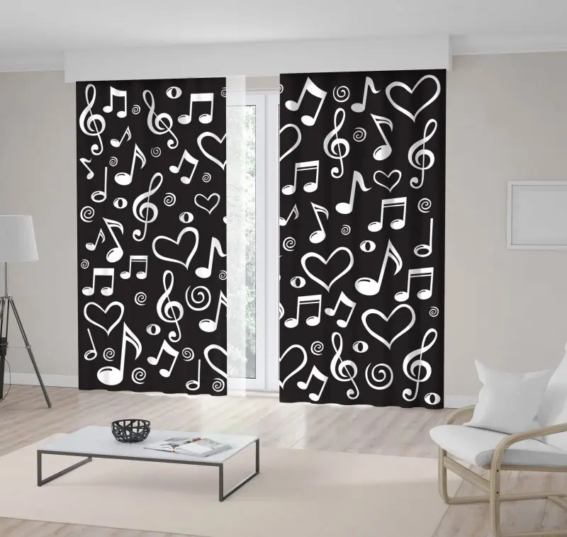 

Curtain Musical Notes Clefs Heart Shapes Love for Music Black and White Modern Artwork Printed