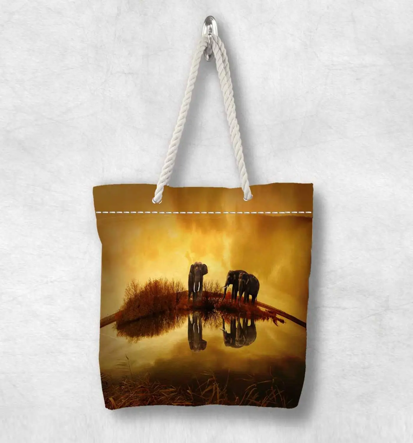 

Else African Yellow Elephants Sun Set New Fashion White Rope Handle Canvas Bag Cotton Canvas Zippered Tote Bag Shoulder Bag