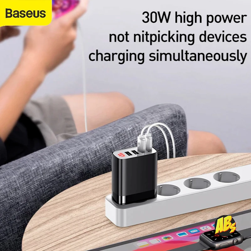 Сетевой адаптер Baseus с дисплеем на 4 USB 2.4/6A для iPhone 11 XS Samsung Xiaomi оригинал быстрая