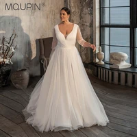 mqupin large elegant simple bridal wedding dress 34 sleeve tulle womens v neck long pleated appliqu%c3%a9 belt