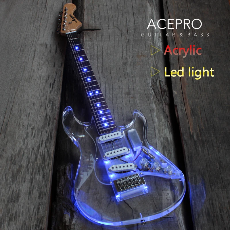 New Arrive Acepro LED Light Electric Guitar Acrylic Body Blue Transparent Pickguard &amp Knobs 3 Single Pickups Maple neck | Спорт и