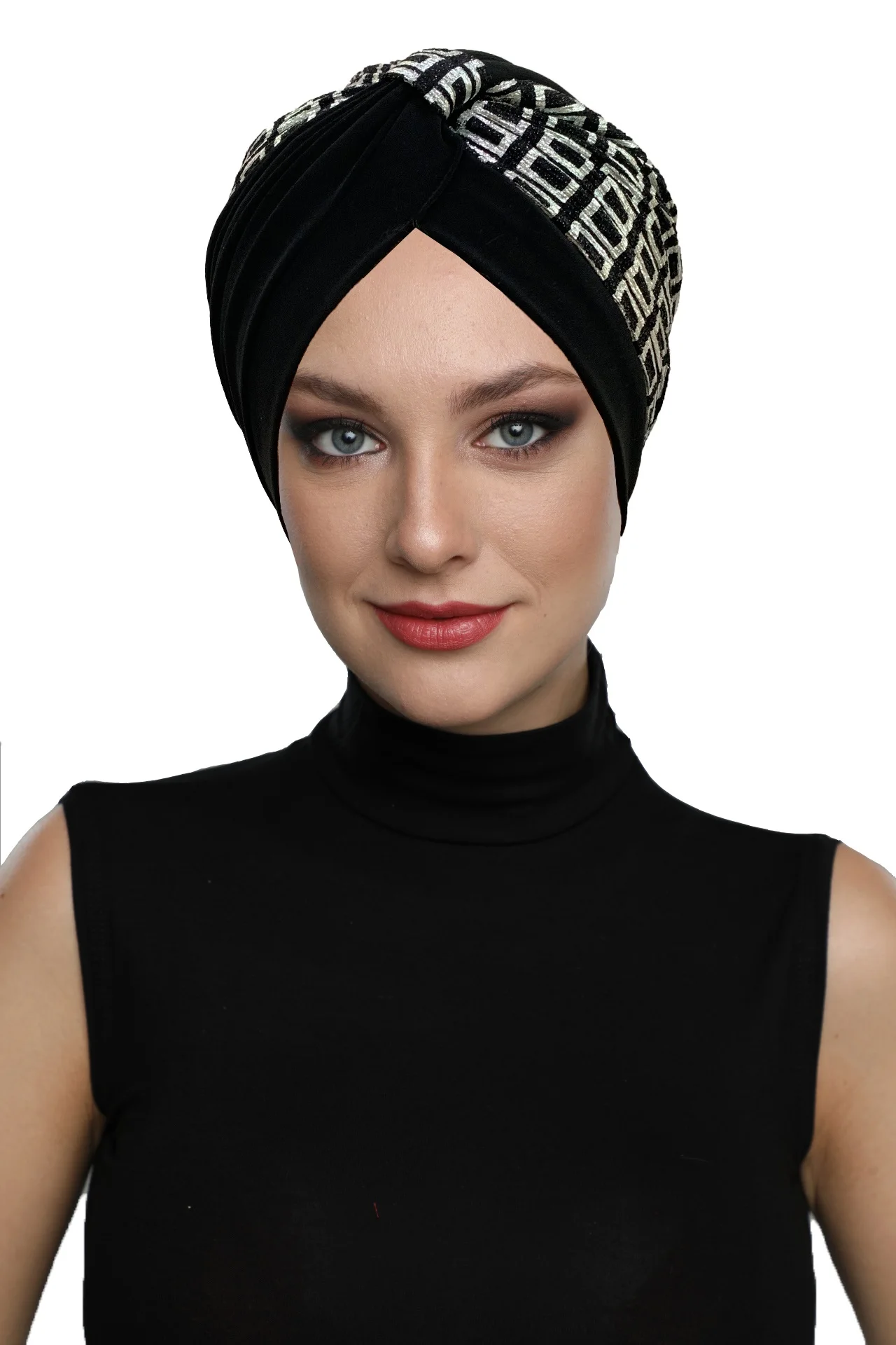 2022 New Fashion Gold-Silver Plaid Pattern On Black Ready Made Turban Hijab Bonnet Scarf Cancer Cap Special Women product Beret Muslim Liner Chemo All Season Rib Lame Pearl Bead Custom Design