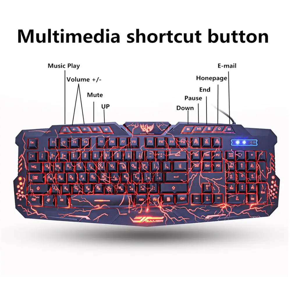 

Gaming Membrane keyboard Crack 3-Color Breathing Backlit USB Wired RU/US Game Keyboard Colorful Waterproof For PC Laptop