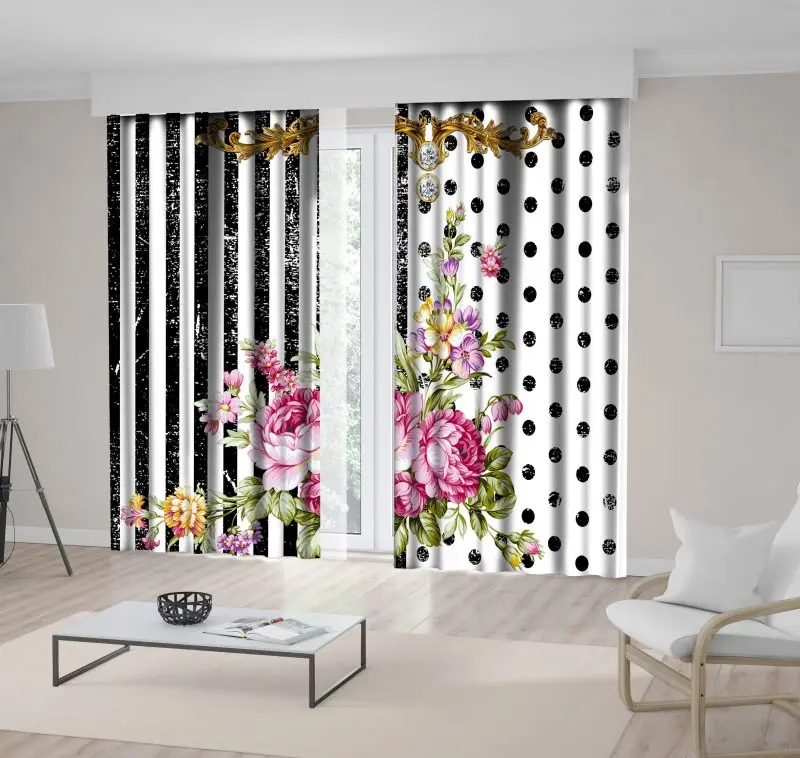 Занавеска цветы букет в горошек полоски Состаренный вид цветочный декоративный