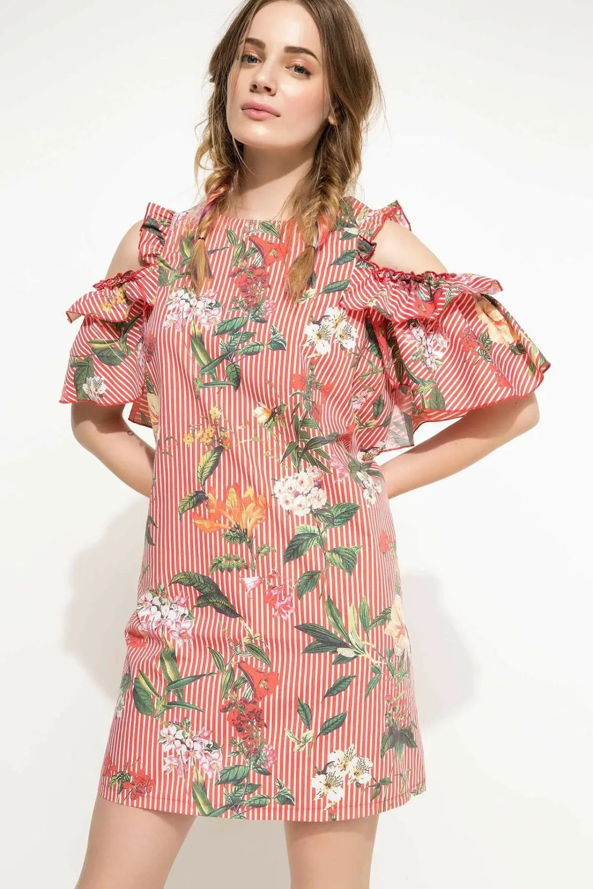 DeFacto Женская Мода с плеча оборками рукава Тканое платье женский Принт короткие