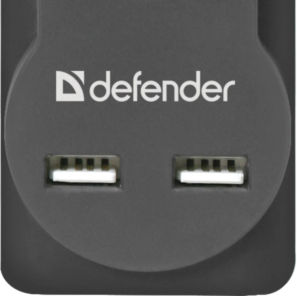 Сетевой фильтр-удлинитель Defender 5 розеток с заземлением 1.8/3/5 метра 2 USB ( 2.1А )